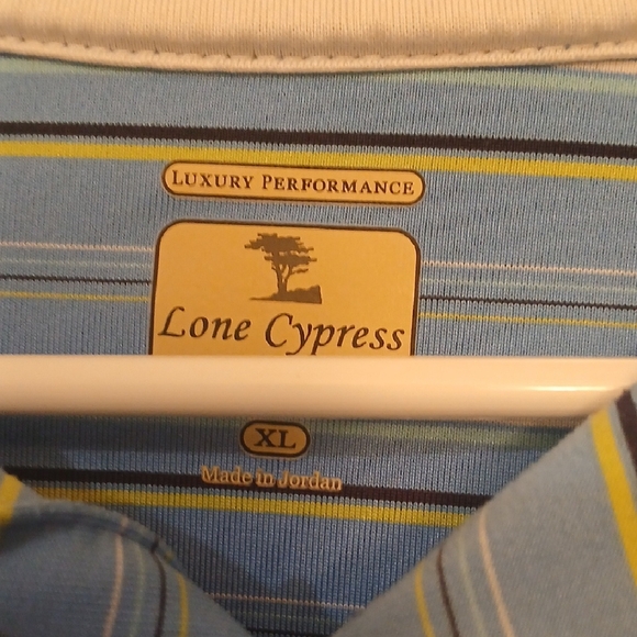 "Make Offer" Lone Cypress Relaxed Fit Blue Polo Shirt with Subtle Stripes - Picture 2 of 4